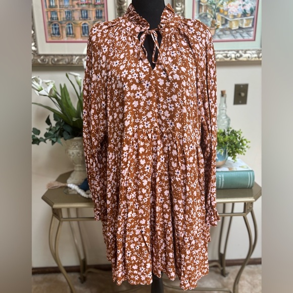 VICI COLLECTION BROWN & PINK FLORAL BOHO RUFFLE WESTERN PRARIE DRESS SZ S-M - Picture 2 of 10